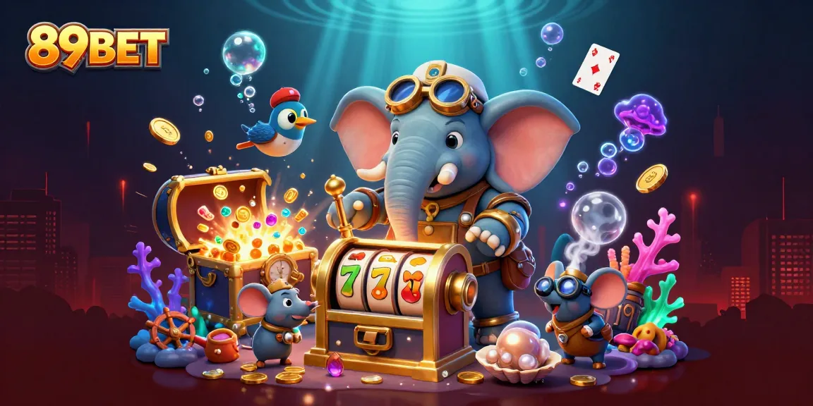 Spin the reels with 89BET's engaging steampunk scene filled with treasure and vibrant casino elements.