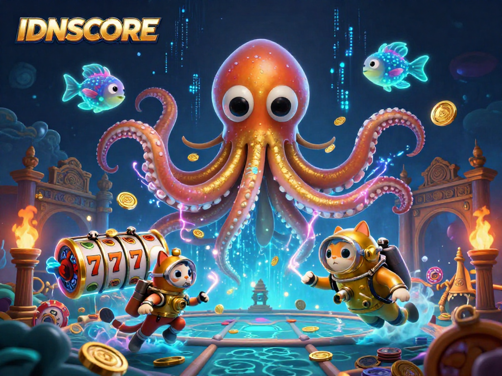 Engage with IDNSCORE loyalty rewards in a vibrant 3D casino-inspired scene featuring a kraken and diving cat.