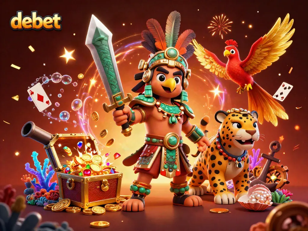 Experience thrilling gameplay with Debet's vibrant 3D illustration featuring Aztec warriors and treasure