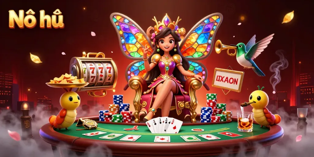 Nổ hũ showcases a vibrant 3D illustration of a queen interacting with slot game elements and casino decor.