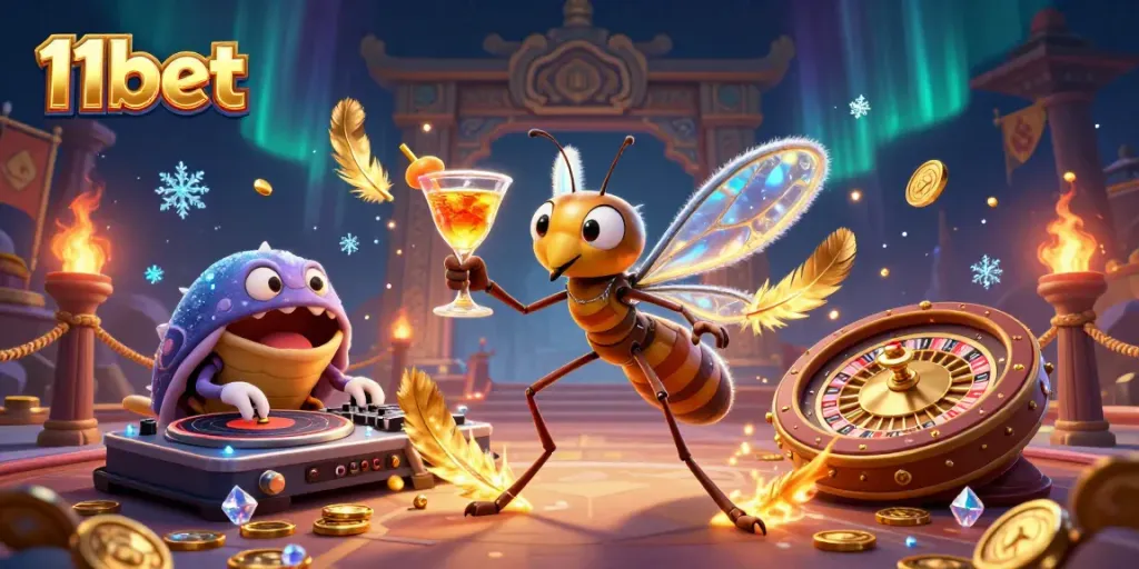 Experience the thrilling world of 11bet with a lively casino mascot and DJ in a dynamic 3D scene.