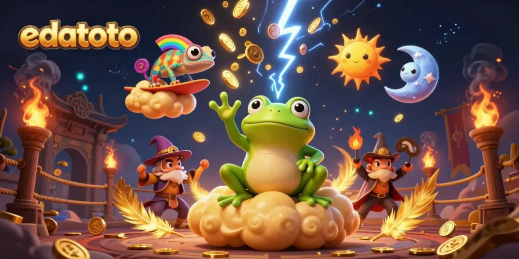 Experience the thrill of edatoto with a cartoon wizard frog and chameleon among gold coins and betting tokens.