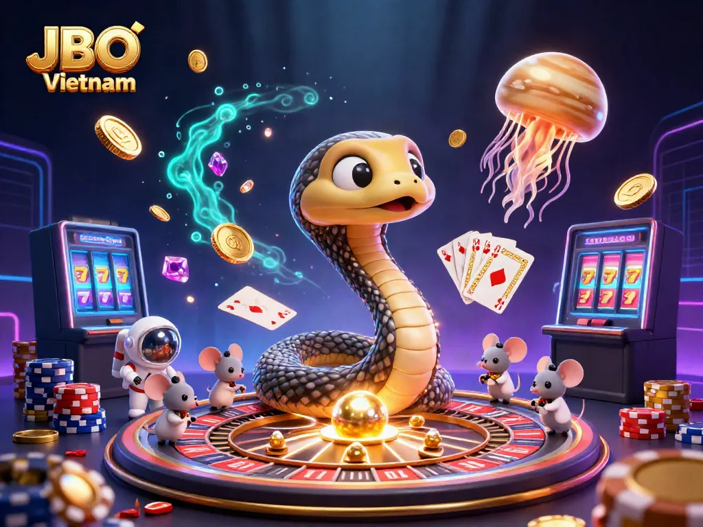Engage with JBO Vietnam's vibrant online gaming experience showcased in a lively cosmic casino scene.