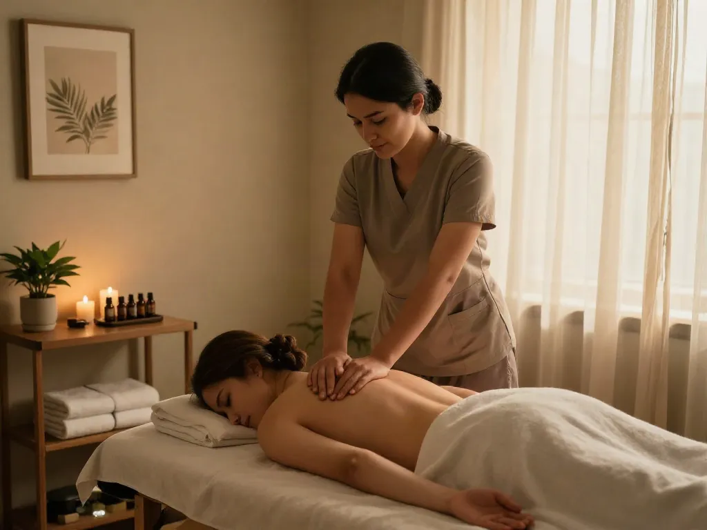 Experience relaxation with 군포출장안마 in a tranquil massage therapy setting, featuring a therapist and client in a serene atmosphere.