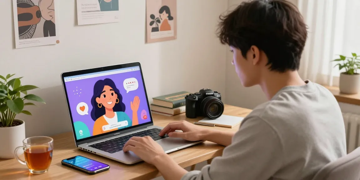 Engaging moment between user and AI girlfriend on a laptop, showcasing emotional connection and modern setting.