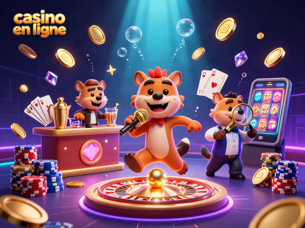 Vivez l'excitation du casino en ligne avec des hyènes animées dans une scène comique de casino, incluant jeux et lumières étincelantes.