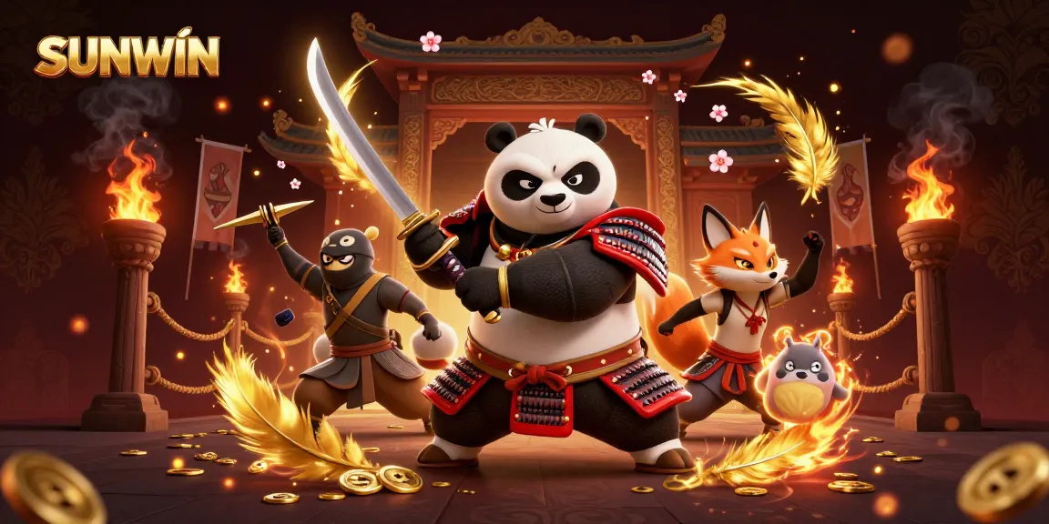 Engage with the vibrant SUNWIN gaming experience showcased by a fierce samurai panda and ninja fox.