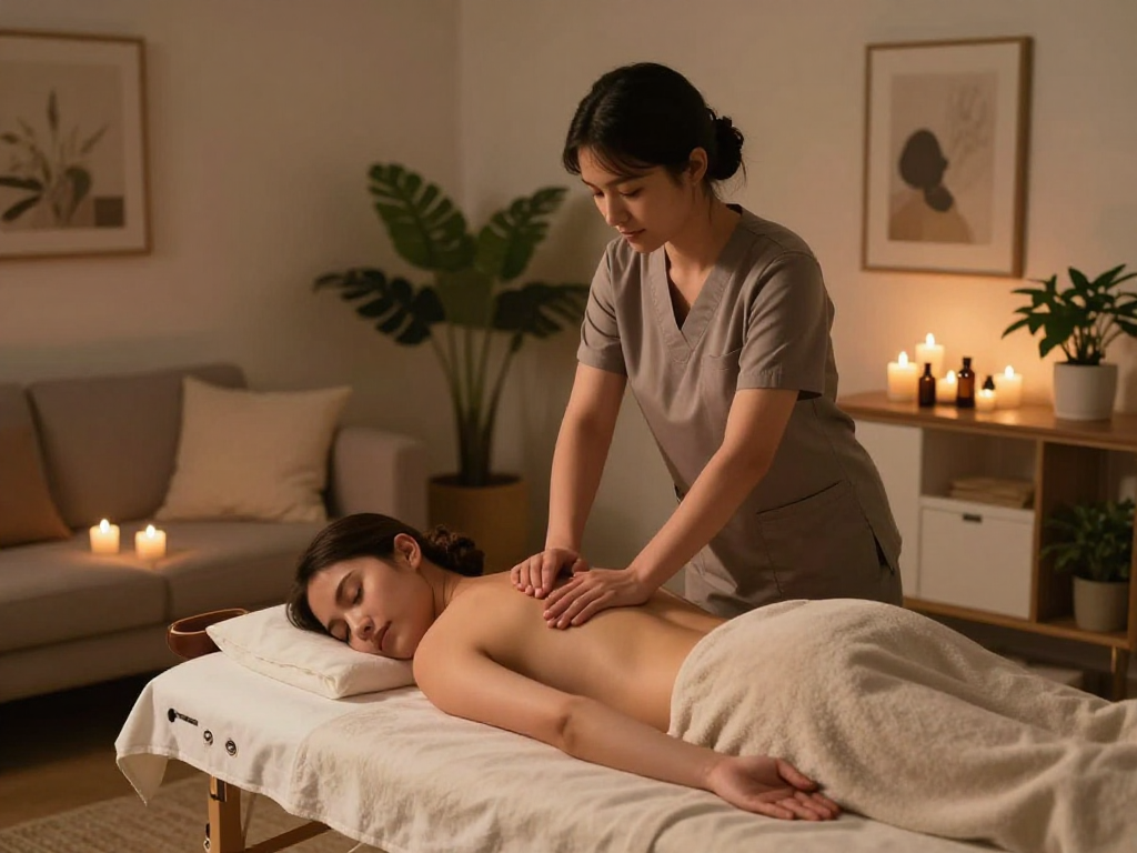 Intimate 인천출장마사지 session showcasing a tranquil home environment with a professional therapist offering a soothing massage.