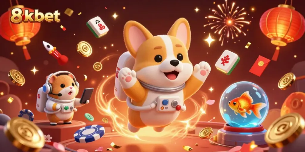 8xbet players enjoy a vibrant casino gaming experience with floating elements and engaging characters.