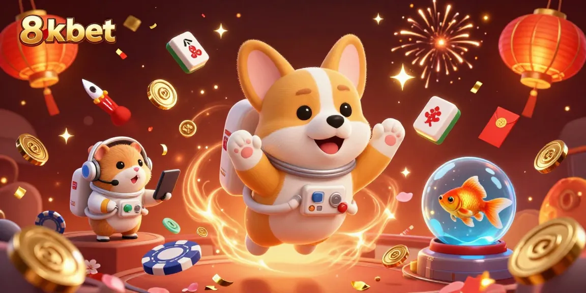 8xbet players enjoy a vibrant casino gaming experience with floating elements and engaging characters.