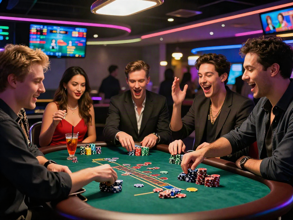 Friends celebrating a win at 먹튀스팟 blackjack table in vibrant casino.