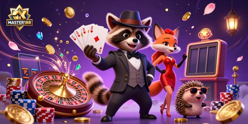 Experience the excitement of MASTER188 with a royal flush showcased by charming characters and dynamic casino elements