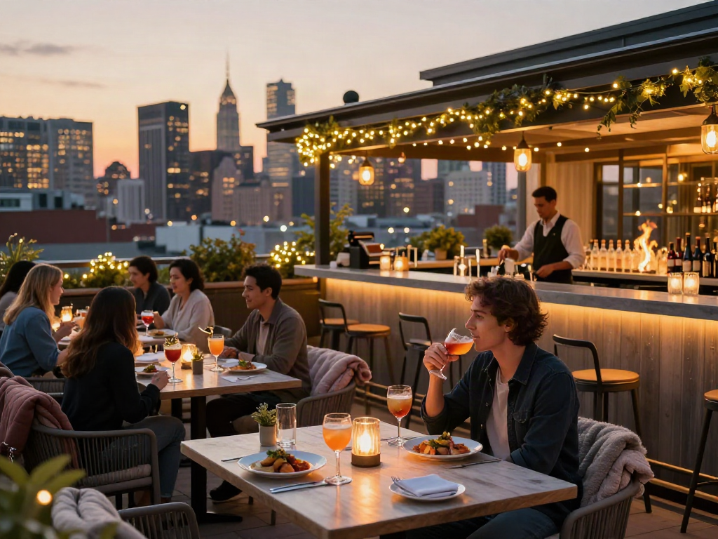 NoHu rooftop bar with patrons enjoying drinks and gourmet dishes against a vibrant city skyline.
