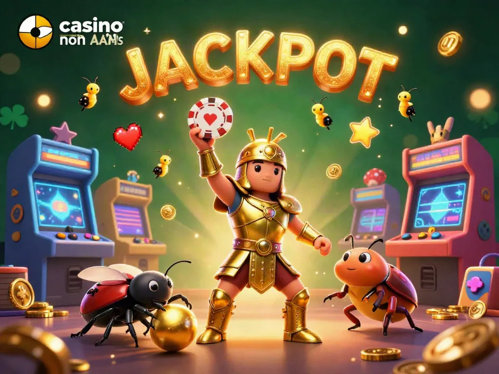 Giocando nei casino online non AAMS: un coleottero in armatura dorata festeggia un jackpot tra macchine arcade e scintille dorate.