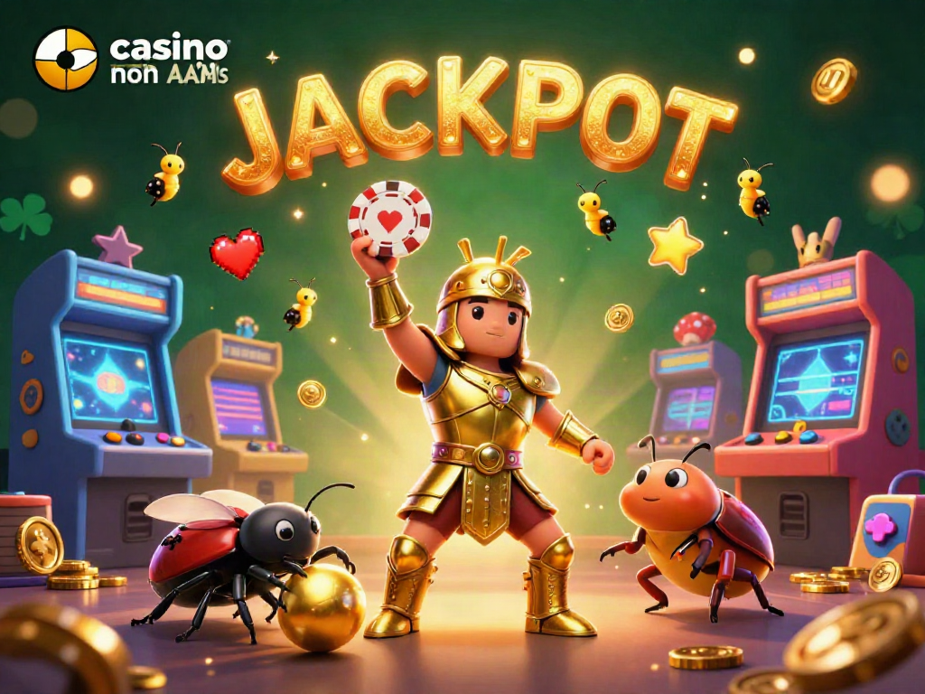 Giocando nei casino online non AAMS: un coleottero in armatura dorata festeggia un jackpot tra macchine arcade e scintille dorate.