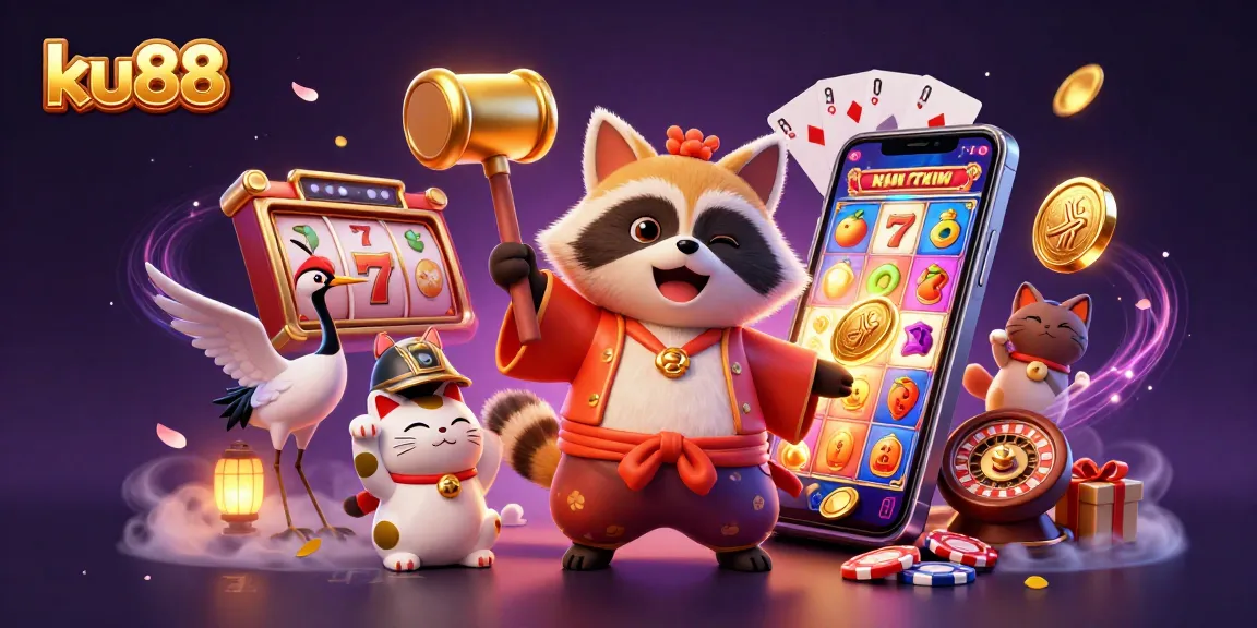 ku88 slot game illustration showcasing a tanuki and crane with casino elements
