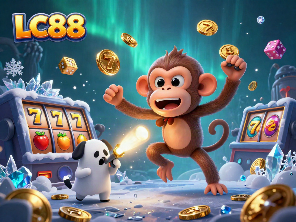 Experience gaming excitement at LC88 with a playful poltergeist monkey juggling coins and slots.