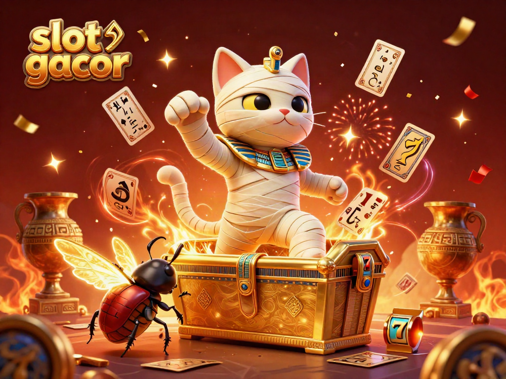 Experience the magic of slot gacor with our vibrant casino illustration featuring an Egyptian mummy cat.
