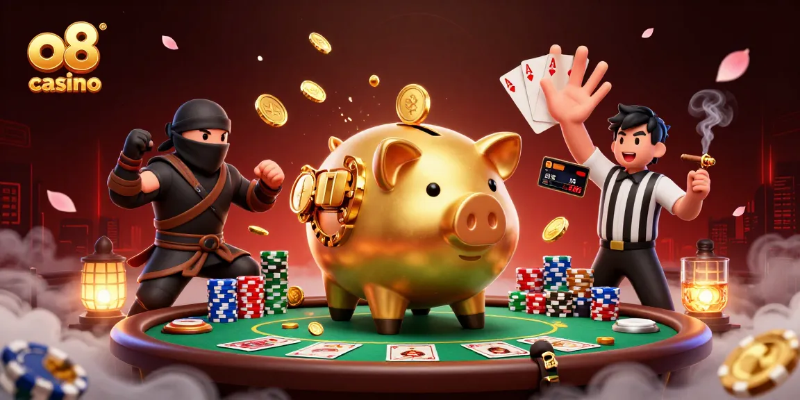 Engaging scene of o8 casino featuring a golden piggy bank sumo wrestler amidst poker action with coins flying.