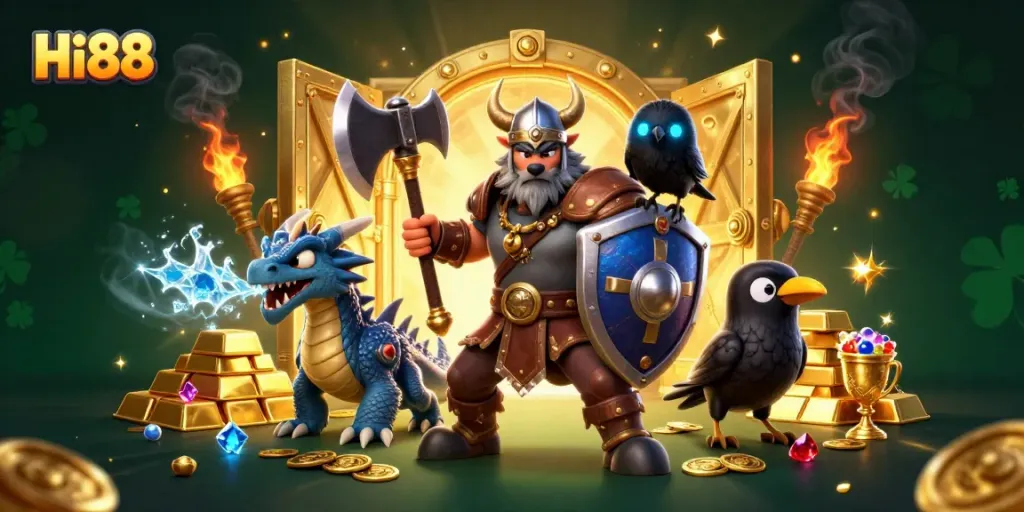 Engage in thrilling gameplay at Hi88, featuring a heroic Viking warrior, a fierce dragon, and rich treasure.