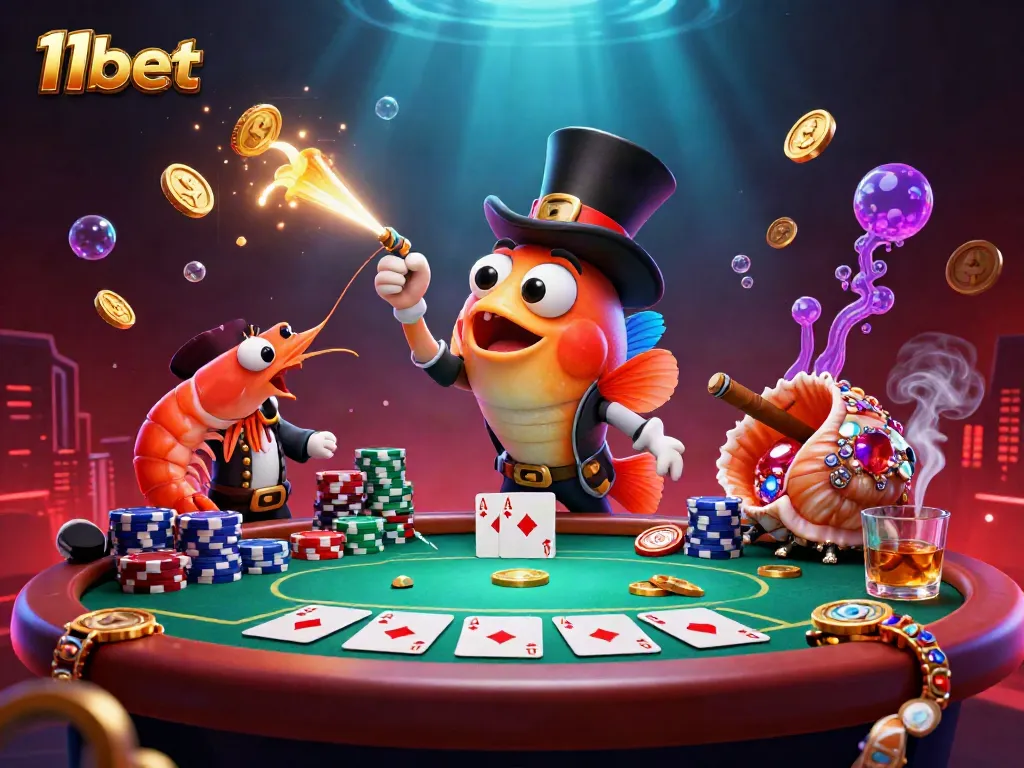 Engage with 11bet's vibrant casino world featuring a cartoon deep-sea anglerfish, shrimp, and sea snail around a poker table.