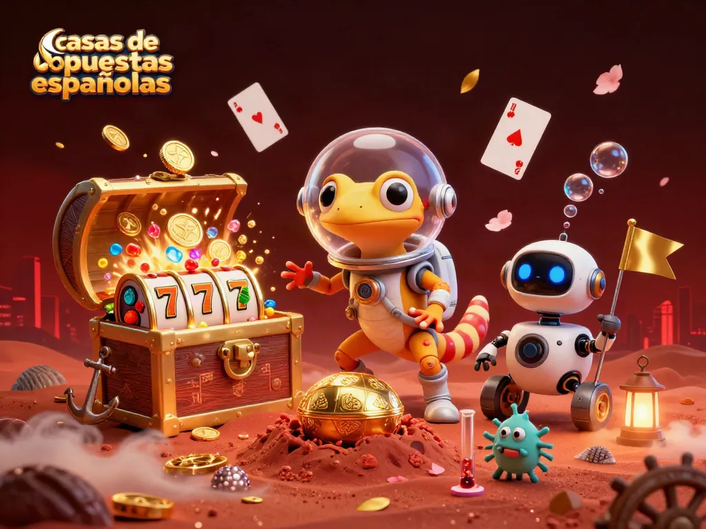 Casas de apuestas españolas con un gecko marciano y un robot en un casino dorado en Marte.