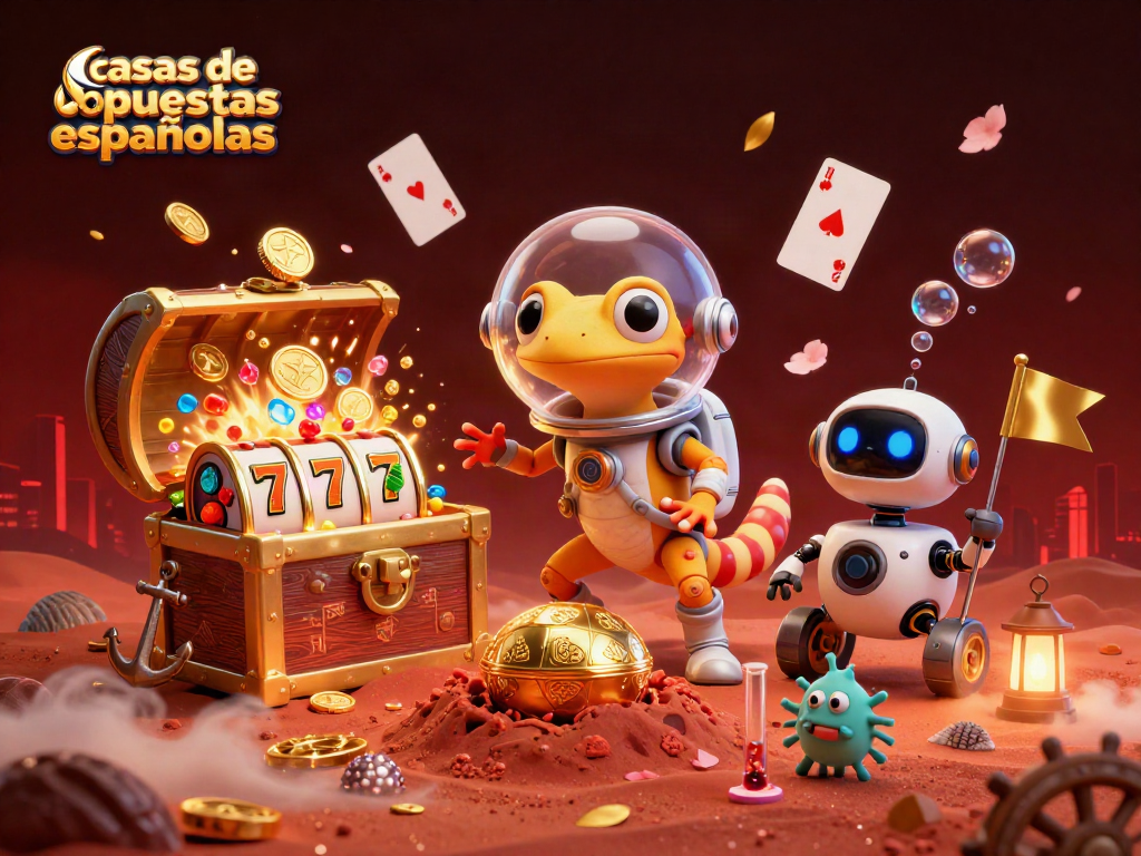 Casas de apuestas españolas con un gecko marciano y un robot en un casino dorado en Marte.