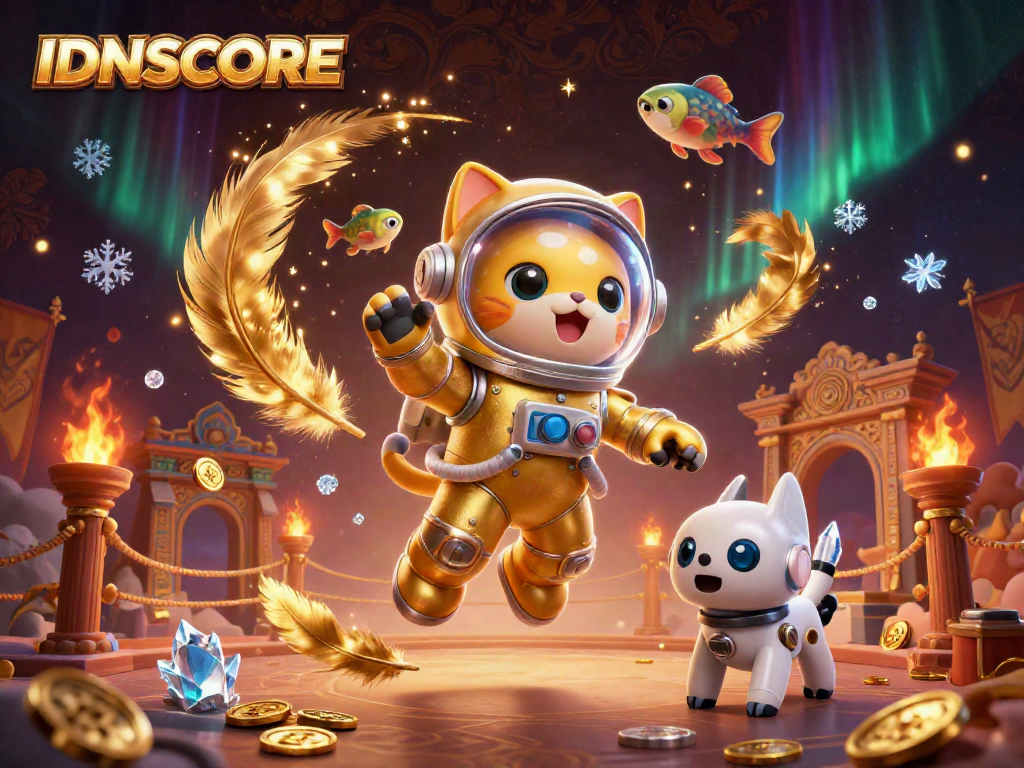IDNSCORE offers a vibrant scene with a space astronaut cat, robot dog, and alien creatures in a dynamic casino setting.