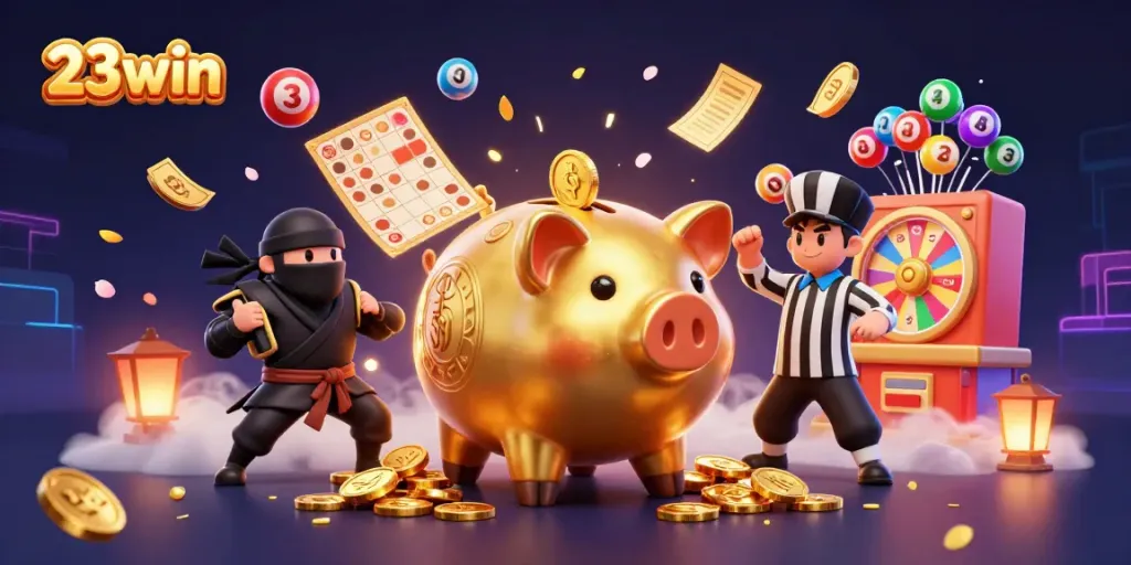 Engaging scene of the 23win golden piggy bank sumo wrestler amidst bouncing lottery balls and winning elements.
