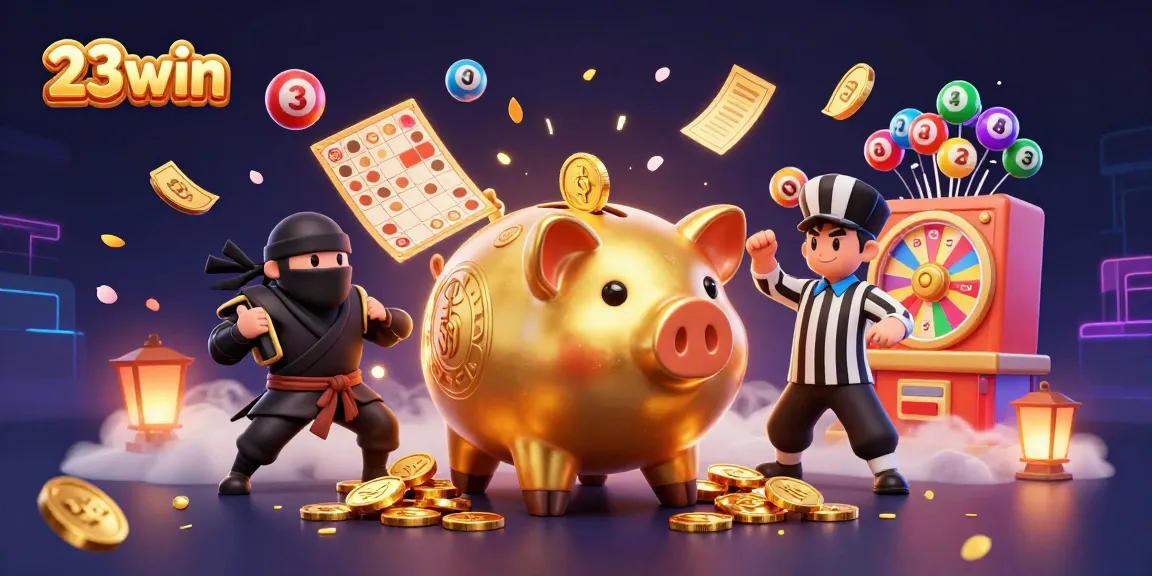 Engaging scene of the 23win golden piggy bank sumo wrestler amidst bouncing lottery balls and winning elements.