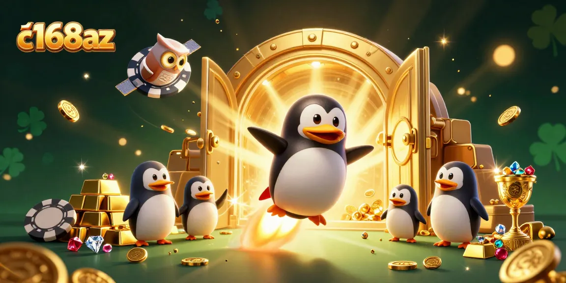 Experience gaming excitement at c168az with a golden penguin racing toward a casino adventure.