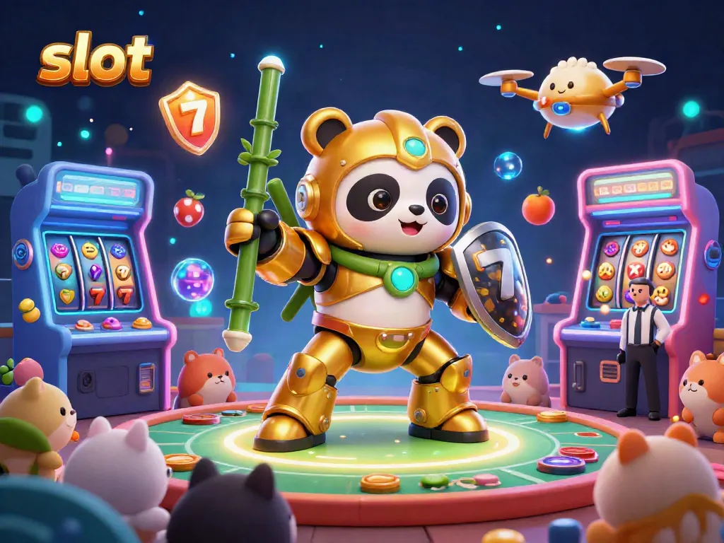 Engage in thrilling slot gameplay with the golden panda mech and lively arcade elements.