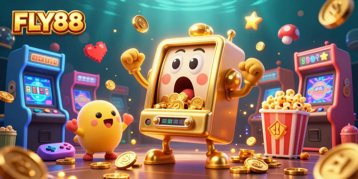 FLY88's golden slot machine celebrates hitting a jackpot, surrounded by cheering machines and vibrant game elements.