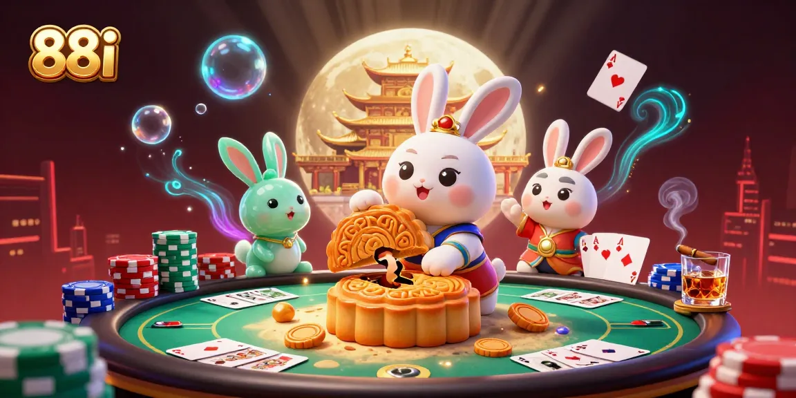 Engage with stunning 88i casino action as a moon rabbit unveils poker chips from mooncakes, revealing a vibrant gambling scene.