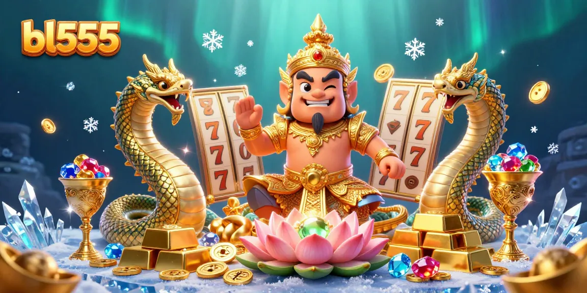 A 3D cartoon scene showcasing bl555 with a golden temple guardian and jackpot slot reels, radiating wealth and excitement.