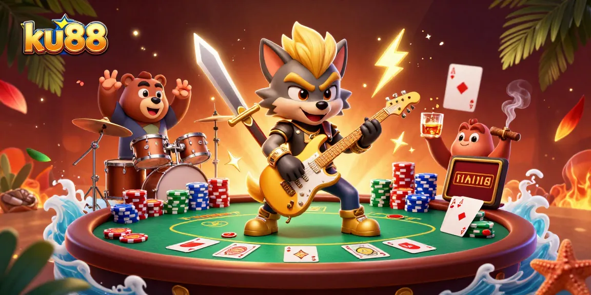 ku88 showcases a vibrant casino scene with rock star characters and poker elements, emphasizing gaming excitement.