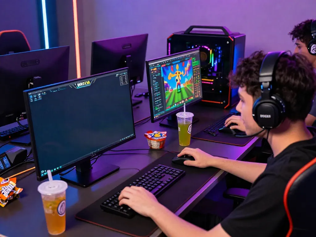 Engaged player enjoying bro138 slot gaming experience with vibrant screens and setup.