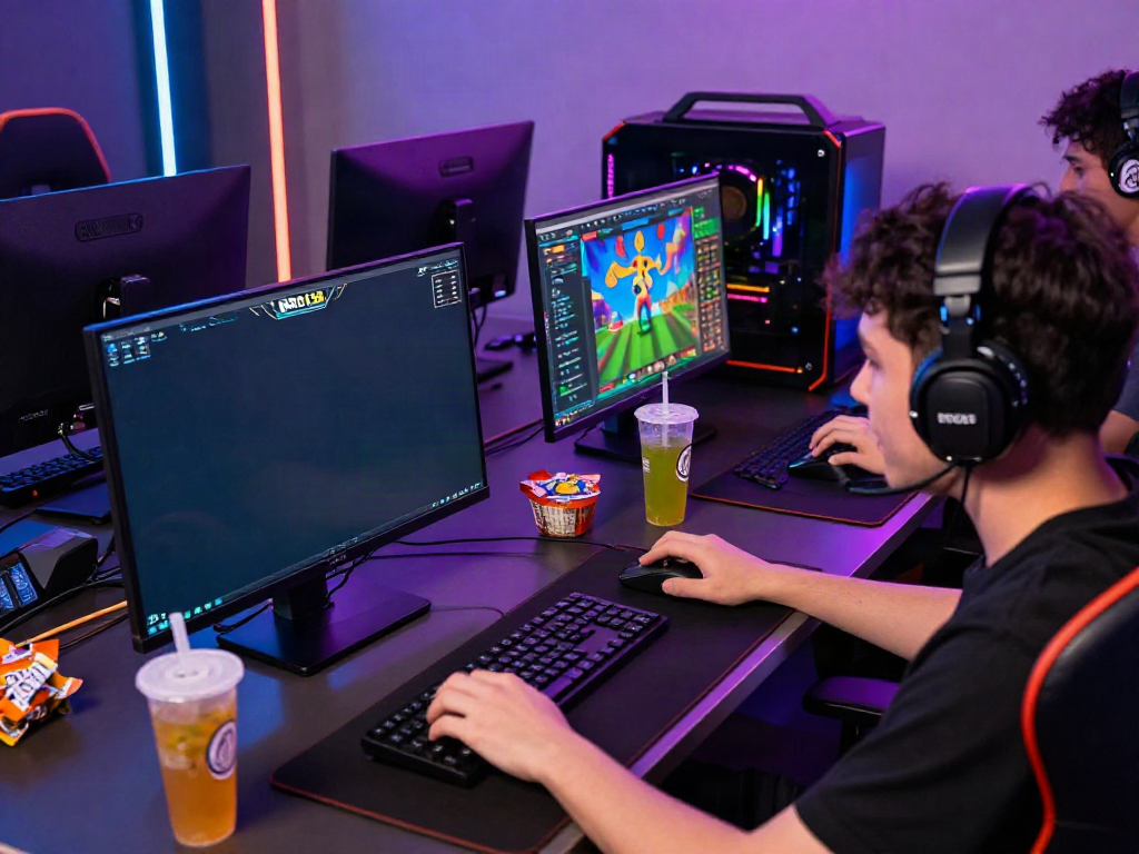 Engaged player enjoying bro138 slot gaming experience with vibrant screens and setup.