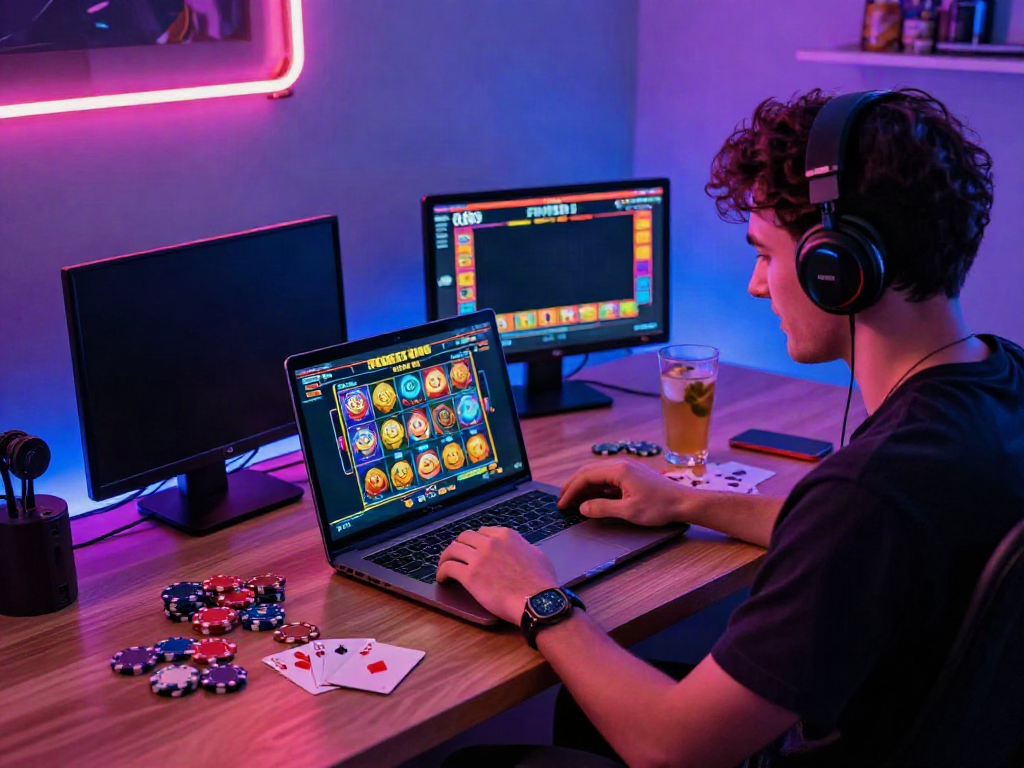 Dynamic gaming environment featuring FIVE88, showcasing an engaged player amidst colorful slot game visuals and vibrant desk setup.