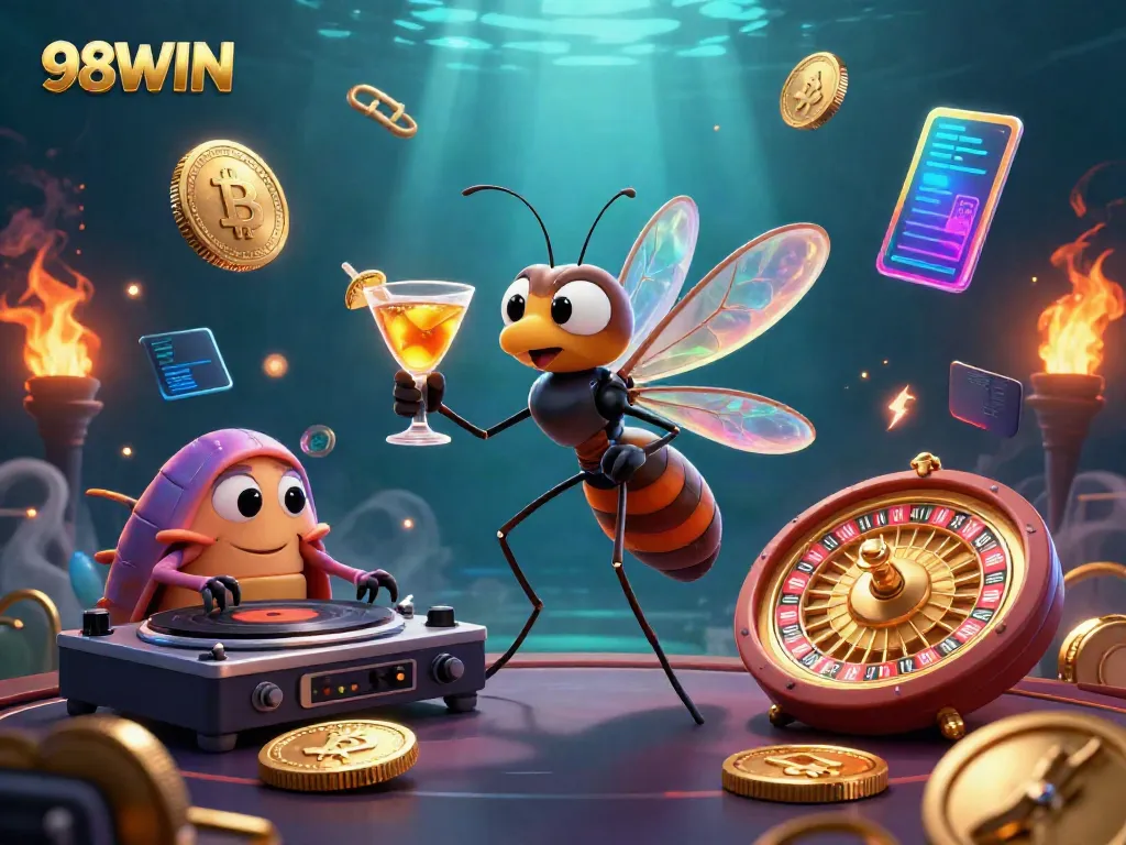 Engaging scene of 98WIN casino mascot with vintage elements highlighting exciting gaming experience.