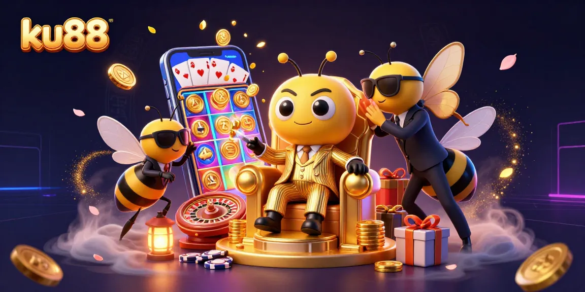 Explore the lively 3D casino scene with ku88, featuring vibrant characters and gaming elements.