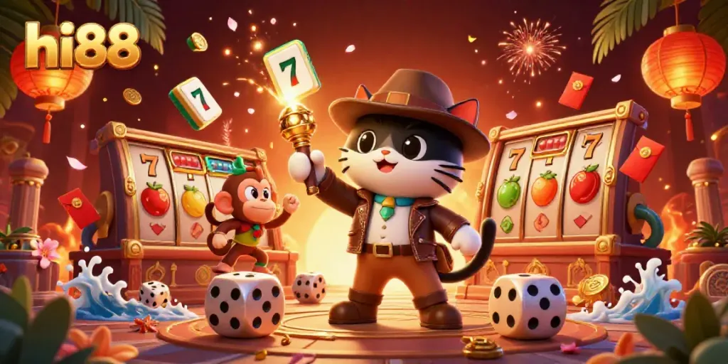 Trò chơi cá cược hi88 hấp dẫn với hình ảnh chó mèo thám hiểm trong ngôi đền casino