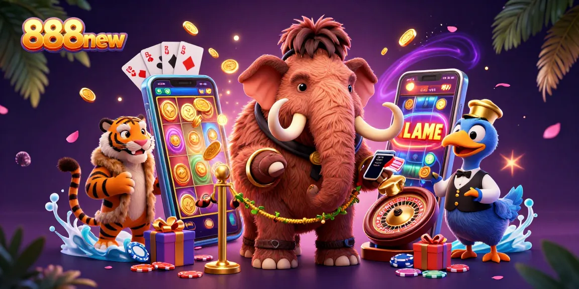 Experience the thrill of 888new with a woolly mammoth bouncer and vibrant casino elements in an engaging scene.