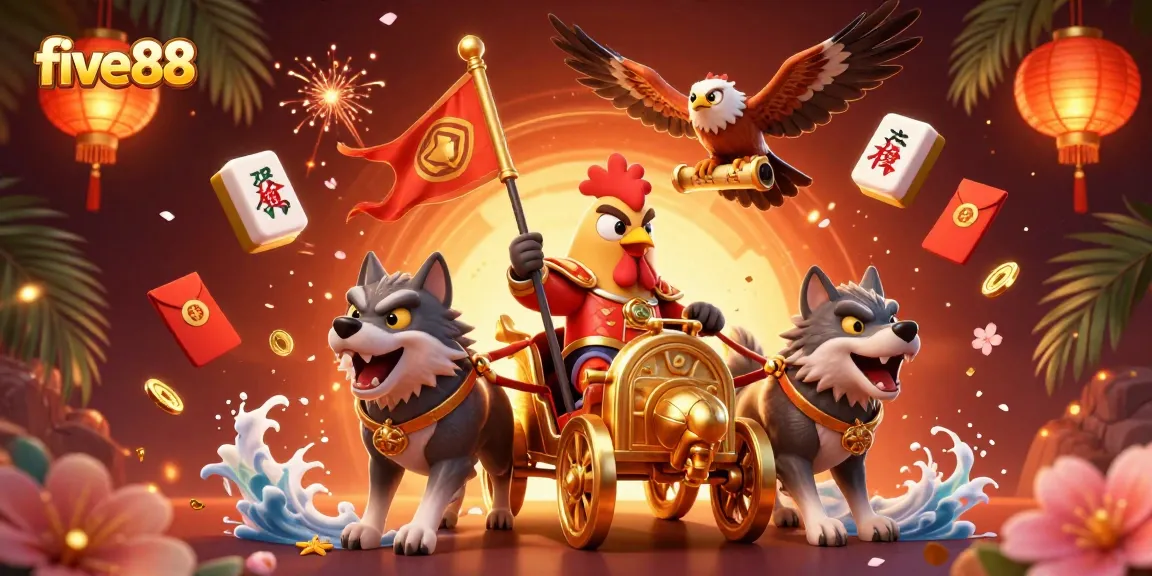 Engage with five88's vibrant casino scene featuring a rooster warlord and dynamic game elements.