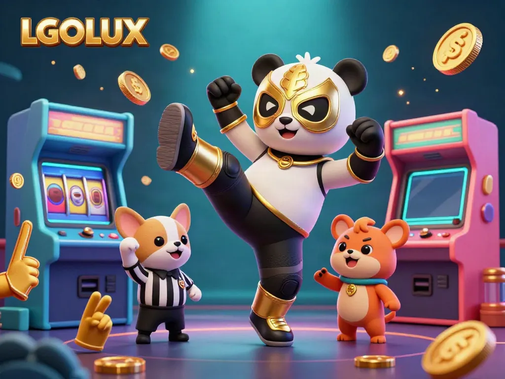 Wrestler panda kicks in a vibrant LGOLUX casino scene with cheering animal spectators and game elements.