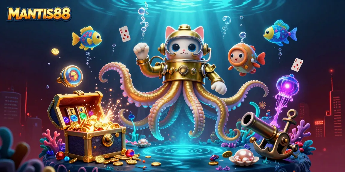 Experience the excitement at MANTIS88 with a vibrant 3D illustration of treasure and gameplay elements.