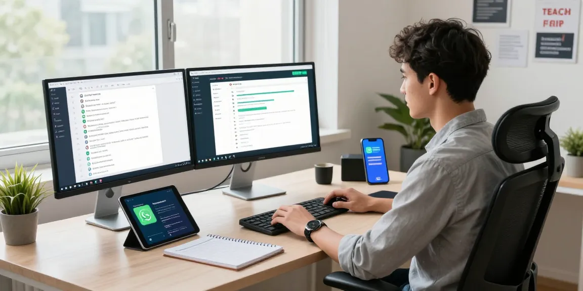 Dynamic workspace showcasing WhatsApp電腦版 on desktop, surrounded by modern tech tools.