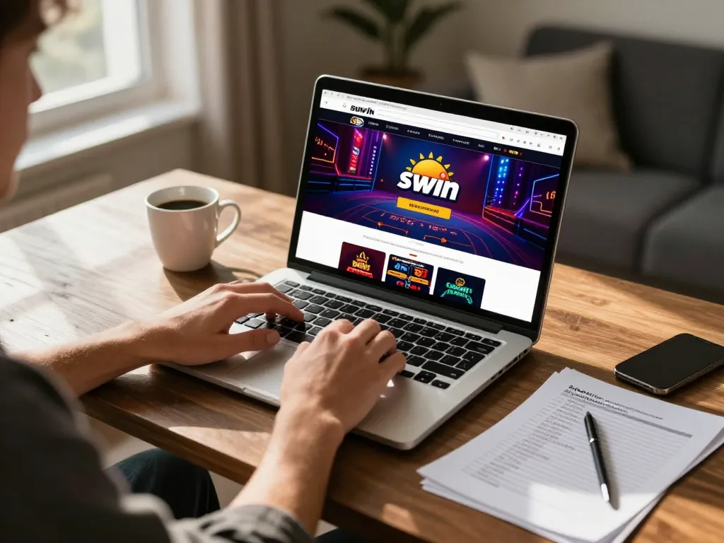 Player engaging with sunwin online casino website on laptop, featuring vibrant game interface and strategic notes.
