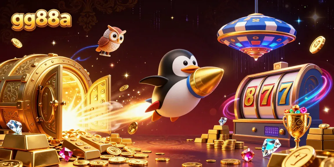 Engage in exciting gameplay with gg88a's dynamic casino scene featuring a golden penguin and rich treasures.