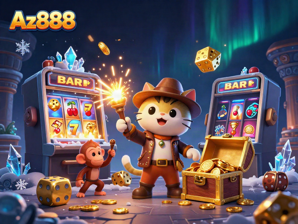 Play Az888 with thrilling casino adventures featuring a charismatic explorer and vibrant game elements.